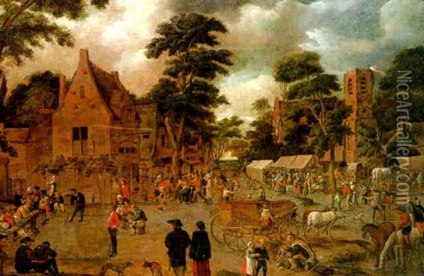 A Village Street Scene With Market Stalls And Villagers Playing Croquet And Dancing Around A Tree To A Fiddler Oil Painting - Cornelis Droochsloot