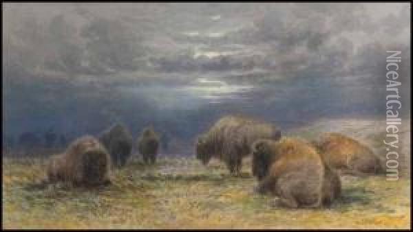 Buffalo Grazing During The Approaching Storm Oil Painting - Frederick Arthur Verner