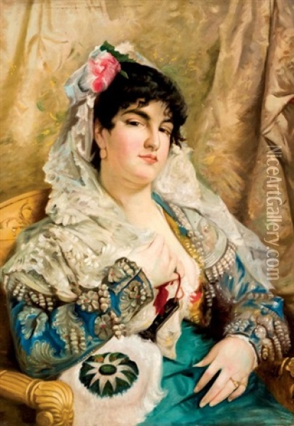 Dama Con Abanico Oil Painting - Jose Maria Alarcon