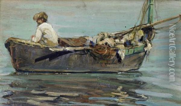 Barca Con Pescatore Oil Painting - Alceste Campriani