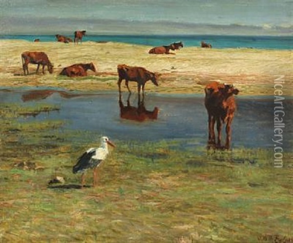 Heifers And Stork On Wet Meadow Oil Painting - Vilhelm Theodor Fischer