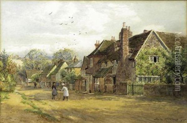 A Village Street With Two Children With A Hoop Oil Painting - Frederick B. Kerr