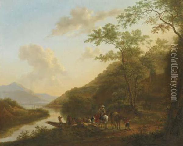 An Italianate River Landscape With Travellers By A Ferry Oil Painting - Jan Both