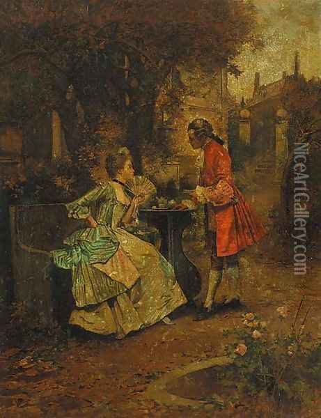 An Elegant Couple Having Tea in a Landscape Oil Painting - Edward Percy Moran