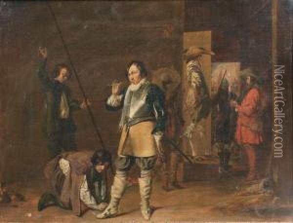 A Guardroom Interior With The Call To Arms Oil Painting - Pieter Codde