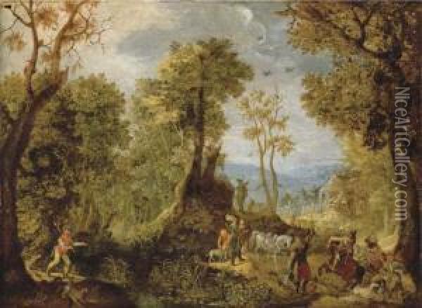 Hunters In A Wooded Landscape With A Village And An Extensivelandscape Beyond Oil Painting - Anton Mirou