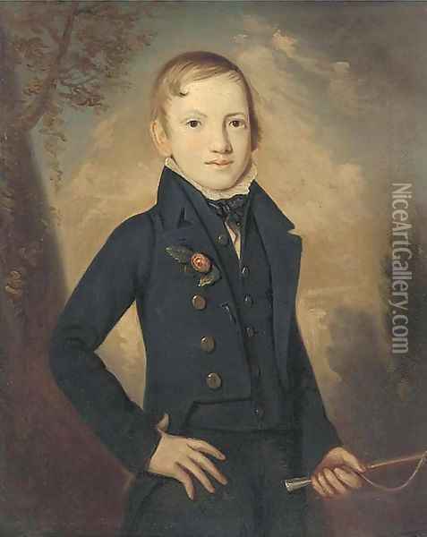 Portrait of a boy, small three-quarter-length, in a dark blue coat and waistcoat Oil Painting - Italian School
