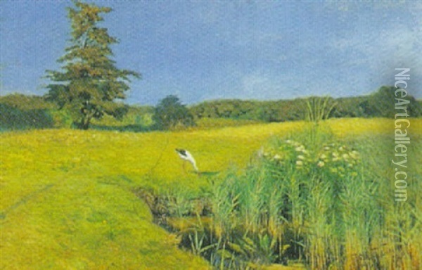 Moselandskab Med Stork Oil Painting - Vilhelm Theodor Fischer