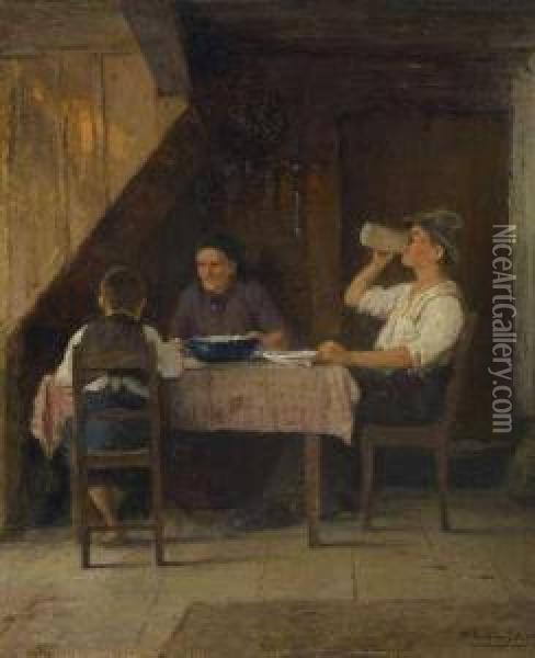 Bauernfamilie Am Mittagstisch. Oil Painting - Hugo Oehmichen