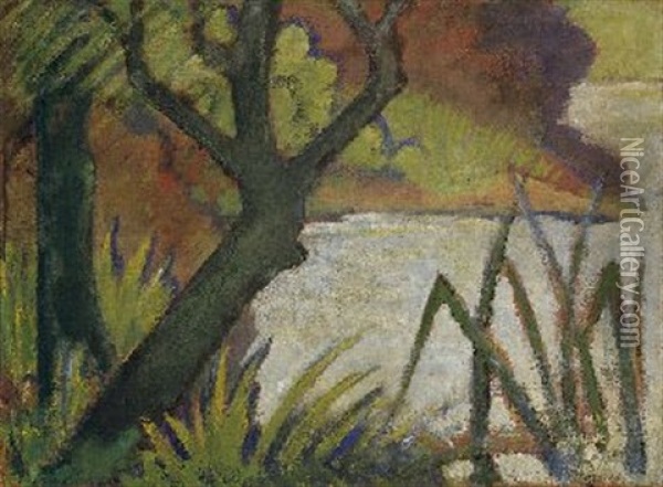 Zwei Baumstamme Mit Schilf Am Wasser Oil Painting - Otto Mueller