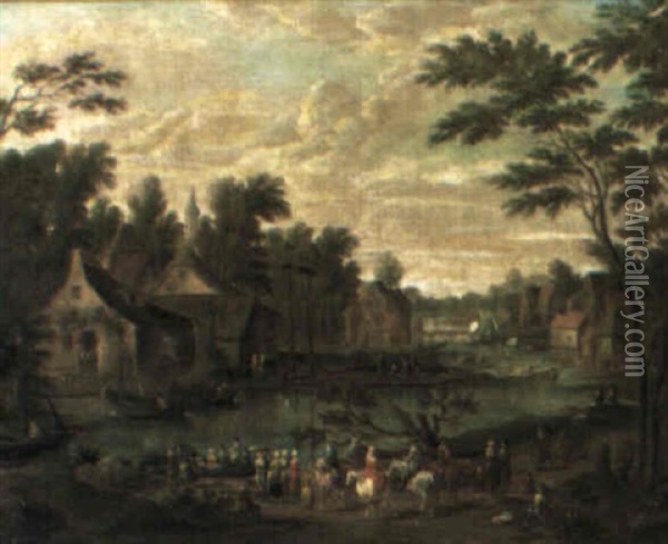 River Landscape With A Town And Figures Oil Painting - Pieter Bout