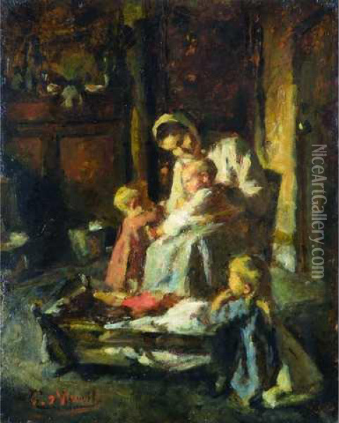 Scene Maternelle Autour Du Berceau. Oil Painting - Edouard D' Apvril