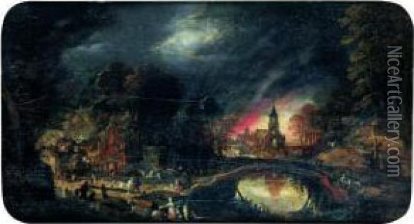 L'incendie D'un Village Au Clair De Lune Oil Painting - Gillis Mostaert