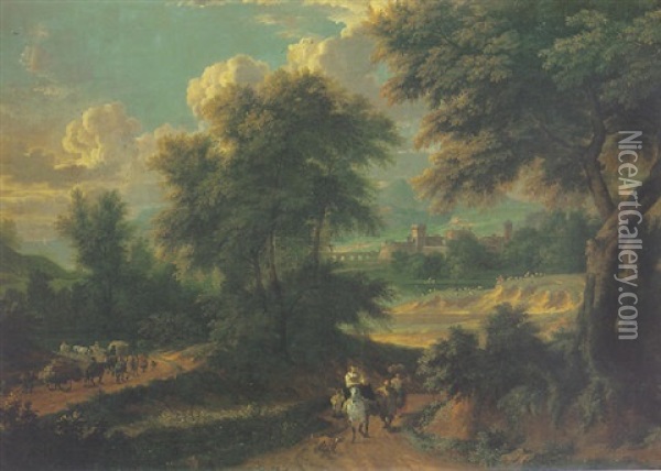 A Classical Landscape With A Wagon Train And Pedestrians On A Road Oil Painting - Pieter Bout