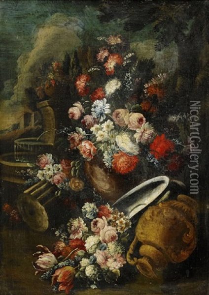 Flower Still Life With A Fountain Oil Painting - Gasparo Lopez