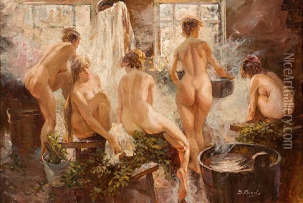 Badende Frauen In Einer Russischen Banya Oil Painting - Vitaly Gavrilovich Tikhov
