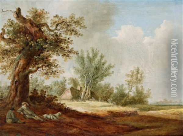Landschaft Mit Zwei Rastenden Bauern Und Einem Hund Oil Painting - Pieter de Neyn