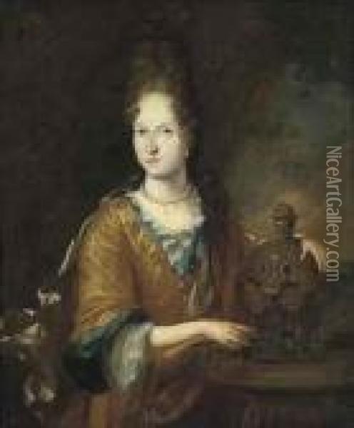 Portrait Of A Lady, 
Three-quarter-length, In A Rust And Blue Dressbeside A Fountain In A 
Landscape Oil Painting - Caspar Netscher