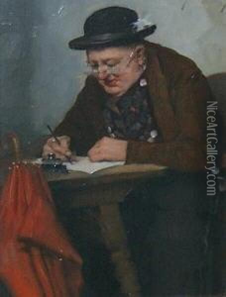 Am Tisch Sitzender, Schreibender Mann Mit Hut. Oben Rechts Signiert Rb. Frank-kraus Oil Painting - Robert Krause
