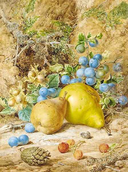 Still-life of pears, damson, beech nuts and horse chestnuts on a bank Oil Painting - Thomas Collier