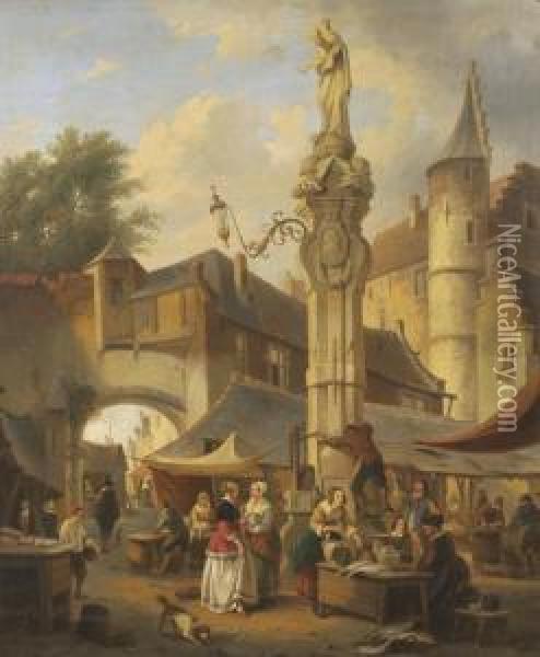 Europeanmarket Scene With Numerous Figures About A City Square. Oil Painting - Henri Jos. Gommarus Carpentero