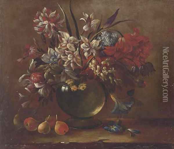Tulips, carnations, convolvulus, narcissi and other flowers in a glass vase on a ledge with pears Oil Painting - Gasparo Lopez