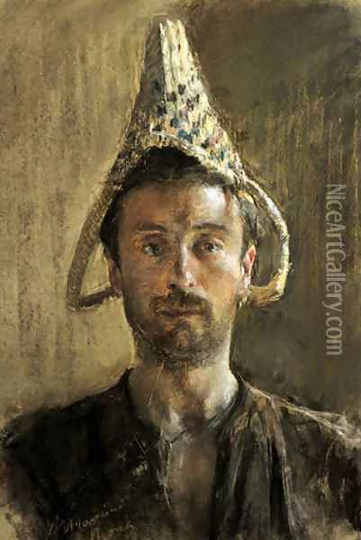 Self Portrait With Basket Oil Painting - Antonio Mancini