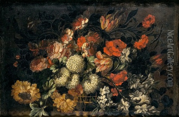 Bodegon De Rosas, Tulipanes, Hortensias, Crisantemos Y Fresias En Un Cesto De Mimbre Oil Painting - Gabriel de LaCorte