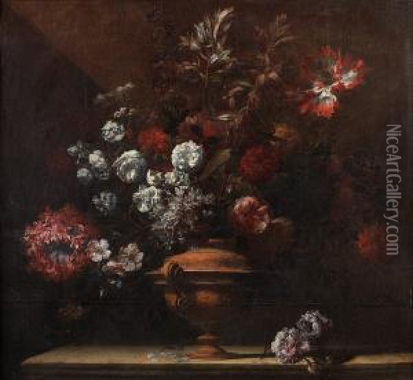 Bouquet De Fleurs Dans Un Vase Sur Un Entablement. Oil Painting - Jean Baptiste Belin de Fontenay