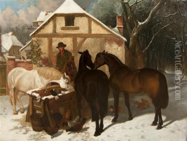 Horses In Winter Oil Painting - John Frederick Herring Snr