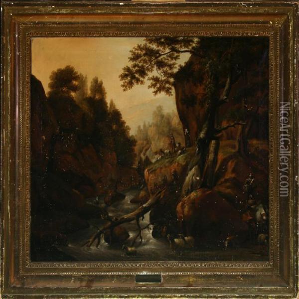 Mountain Scenery With Shepherds By A River Oil Painting - Christian August Lorentzen