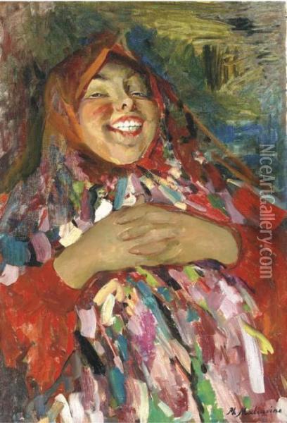 A Laughing Peasant Woman Oil Painting - Philippe Andreevitch Maliavine