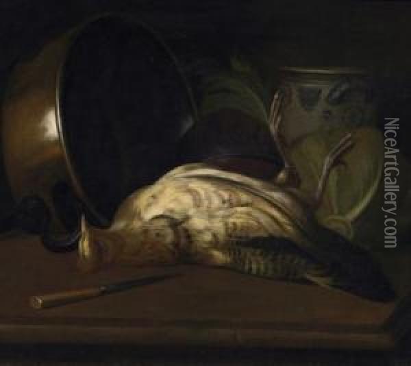 Two Paintings. A) Still Life With Kitchen Utensils, Cabbage And Slain Wild-bird Oil Painting - Jacob Samuel Beck