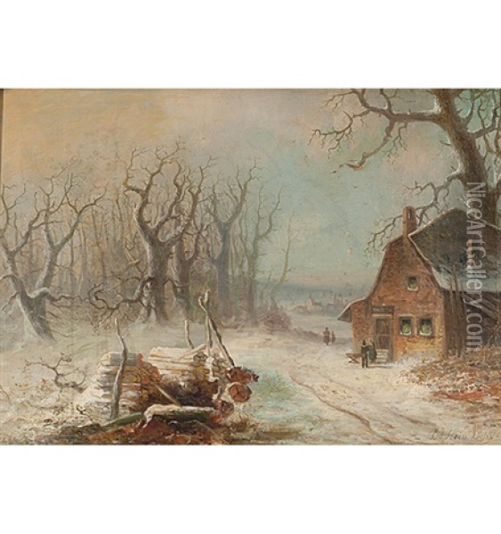 Verschneite Landschaft Mit Haus Und Figurenstaffage Oil Painting - Eduard Hein