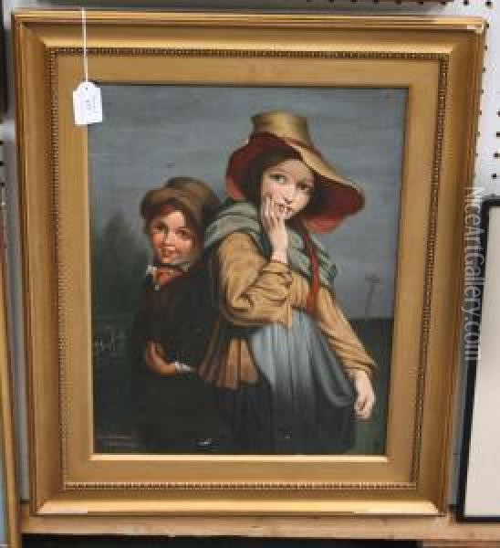 Two Children In A Landscape Oil Painting - Richard Rothwell