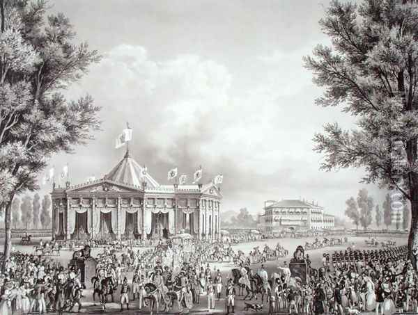 Procession passing the Pavilion erected for the Occasion of the Coronation of Ferdinand I 1793-1875, 1st September 1838, engraved by Falckeisen, from Incoronazione de SMIRA Ferdinando I, il Re del Regno Lombard-Veneto, published 1838 Oil Painting - Alessandro Sanquirico