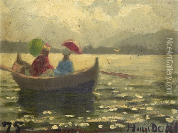 Ladies In A Boat And Sketches Of Figures Beside A Fjord (3 Works) Oil Painting - Hans Dahl