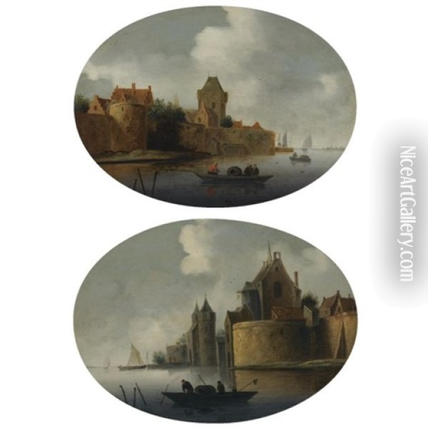 A River Estuary With A Fortified Village On The Left Bank (+ A Fortified Town By A River With Fishermen Hauling In Their Nets; Pair) Oil Painting - Frans de Hulst
