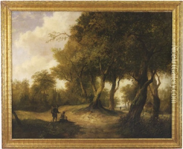 Forest Landscape Depicting Two Men On A Central Road In The Foreground And A House And Figure In The Background Oil Painting - Hendrik Pieter Koekkoek