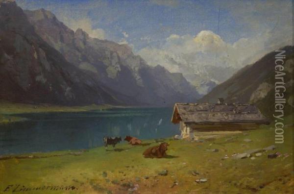 Gebirgssee. Oil Painting - Friedrich Zimmermann