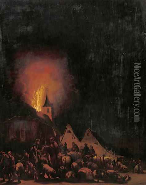 A village on fire at night Oil Painting - Egbert Lievensz. Van Der Poel
