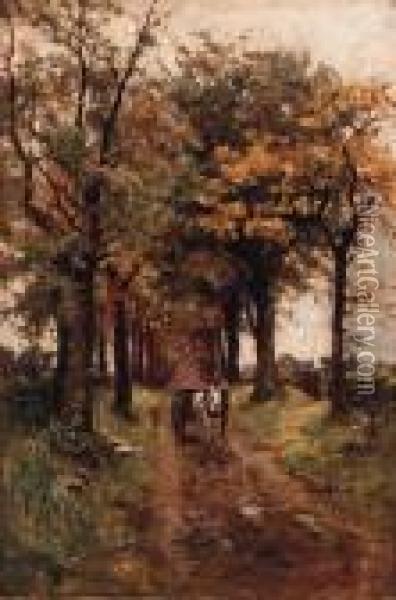 A Horse And Cart On A Wooded Track Oil Painting - Thorvald Simeon Niss