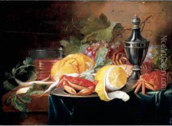 A Still Life With Grapes, A Lemon, Crabs And Bread Upon Pewter Dishes Oil Painting - Alexander Coosemans