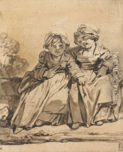 Deux Fillettes Assises Oil Painting - Jean Baptiste Greuze