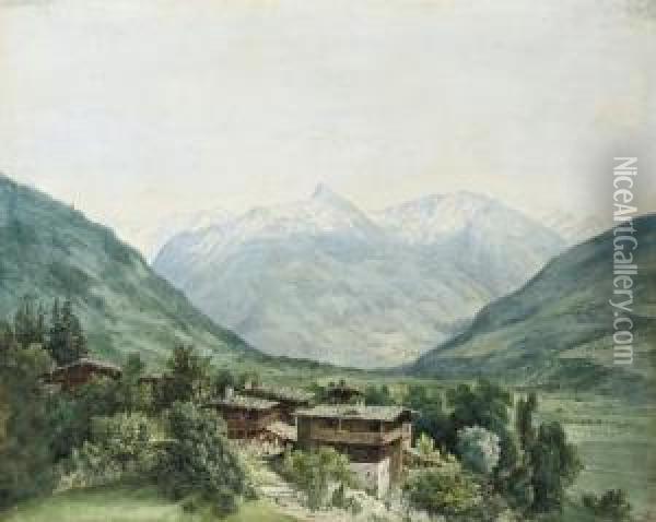 A Panoramic View Of The Village 
Of Hofgastein In The Salzburg Alps, With The Peaks Of The Oil Painting - Karl Friedrich Schinkel