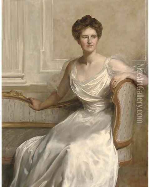 Portrait of Mary Frances Wilson, seated three-quarter-length, in a white dress, in an interior Oil Painting - John Maler Collier