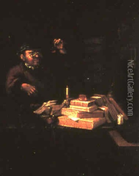 A Scholar In His Library Oil Painting - Justus Juncker