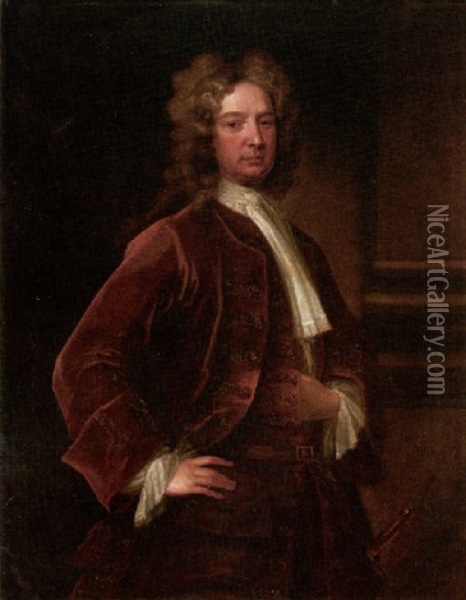 Portrait Of Joseph Musgrave Wearing A Red Coat And Embroidered Waistcoat Oil Painting - Michael Dahl