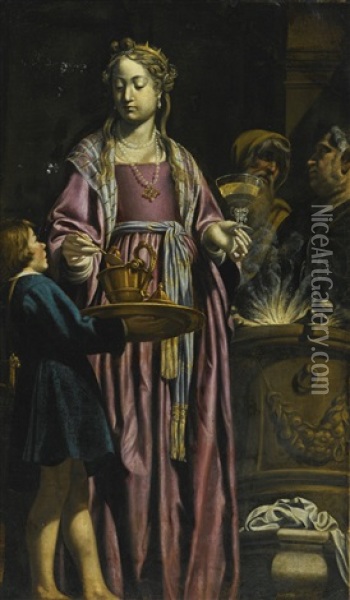 Artemisia Drinking Wine Mixed With The Ashes Of Her Husband, Mausolus Oil Painting - Filippo Tarchiani