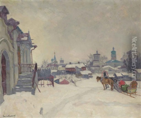 A Snowy Village With Troika Oil Painting - Arnold Borisovich Lakhovsky